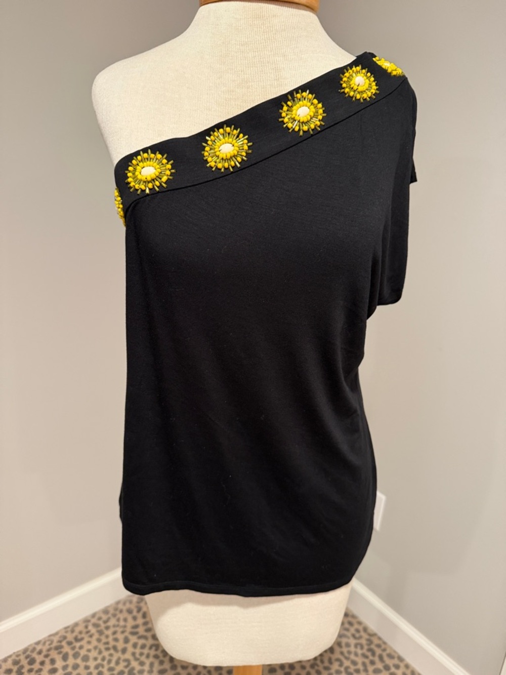 Trina Turk One-Shoulder Black Top with Yellow Beaded Trim